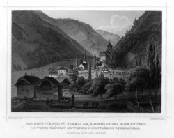 Stahlstich das alte Schloss zu Wimmis am Eingang in das Simmenthal