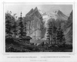 Stahlstich der Oeschinen-See und die Bluemlisap